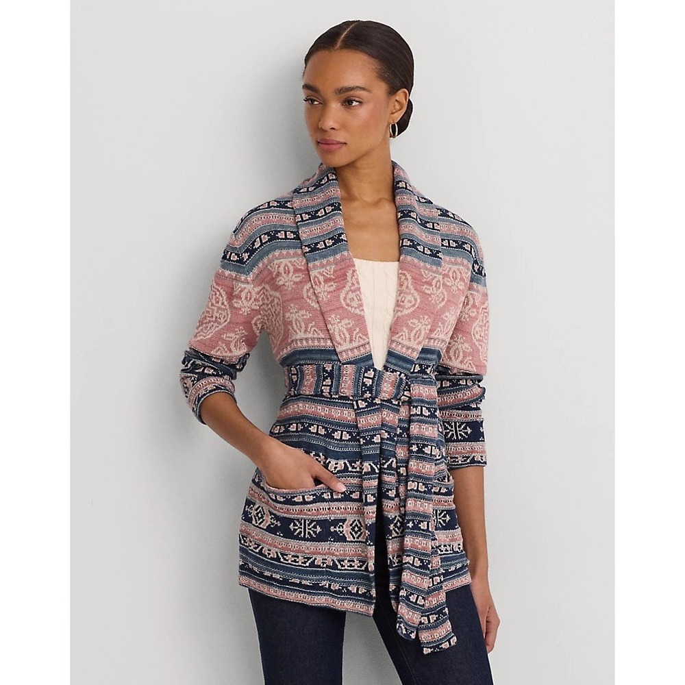 Lauren Ralph Lauren Geo Motif Belted Linen Cotton Cardigan Sweater M Southwester